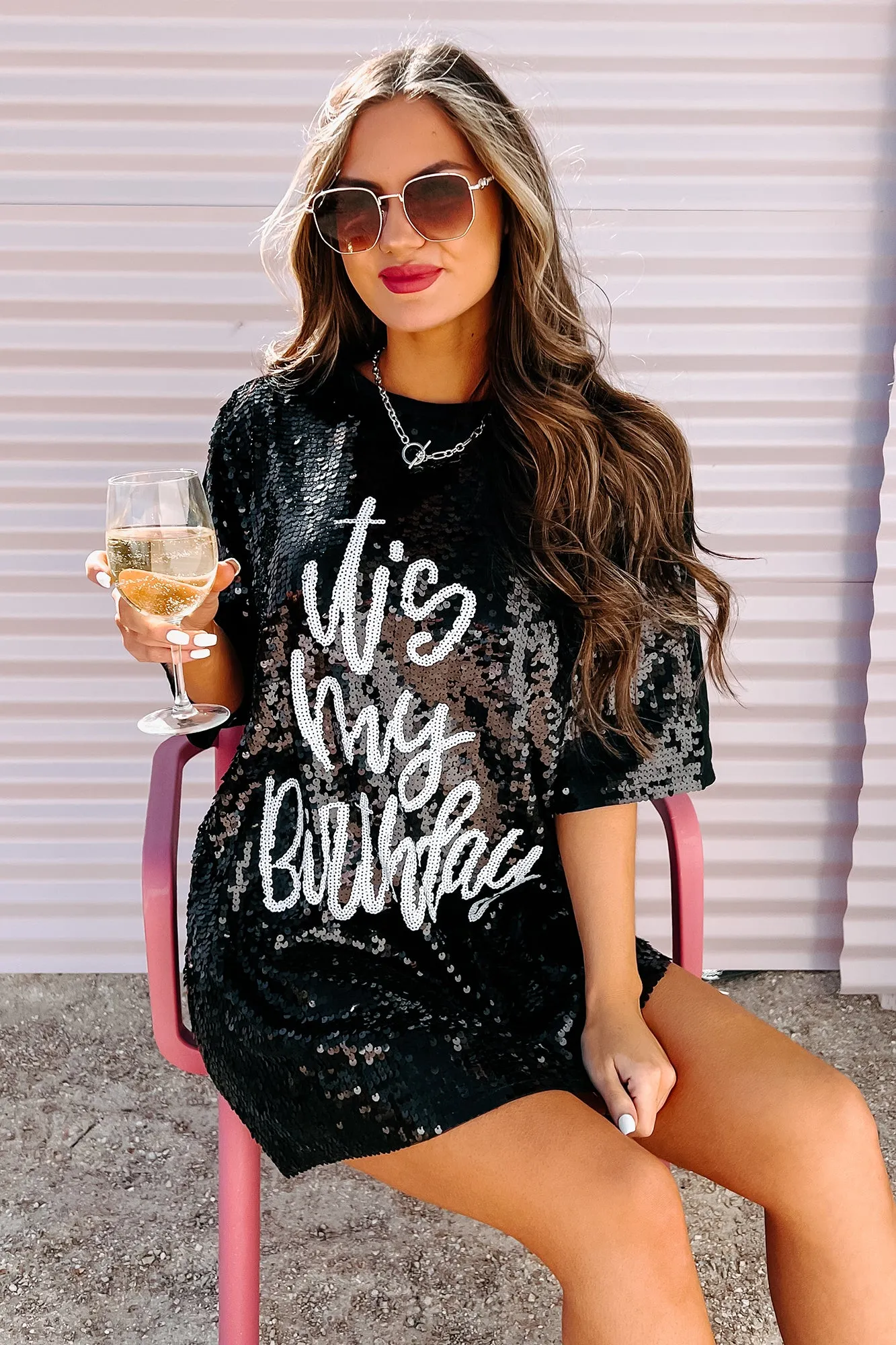 "It's My Birthday" Sequin T-Shirt Dress (Black)