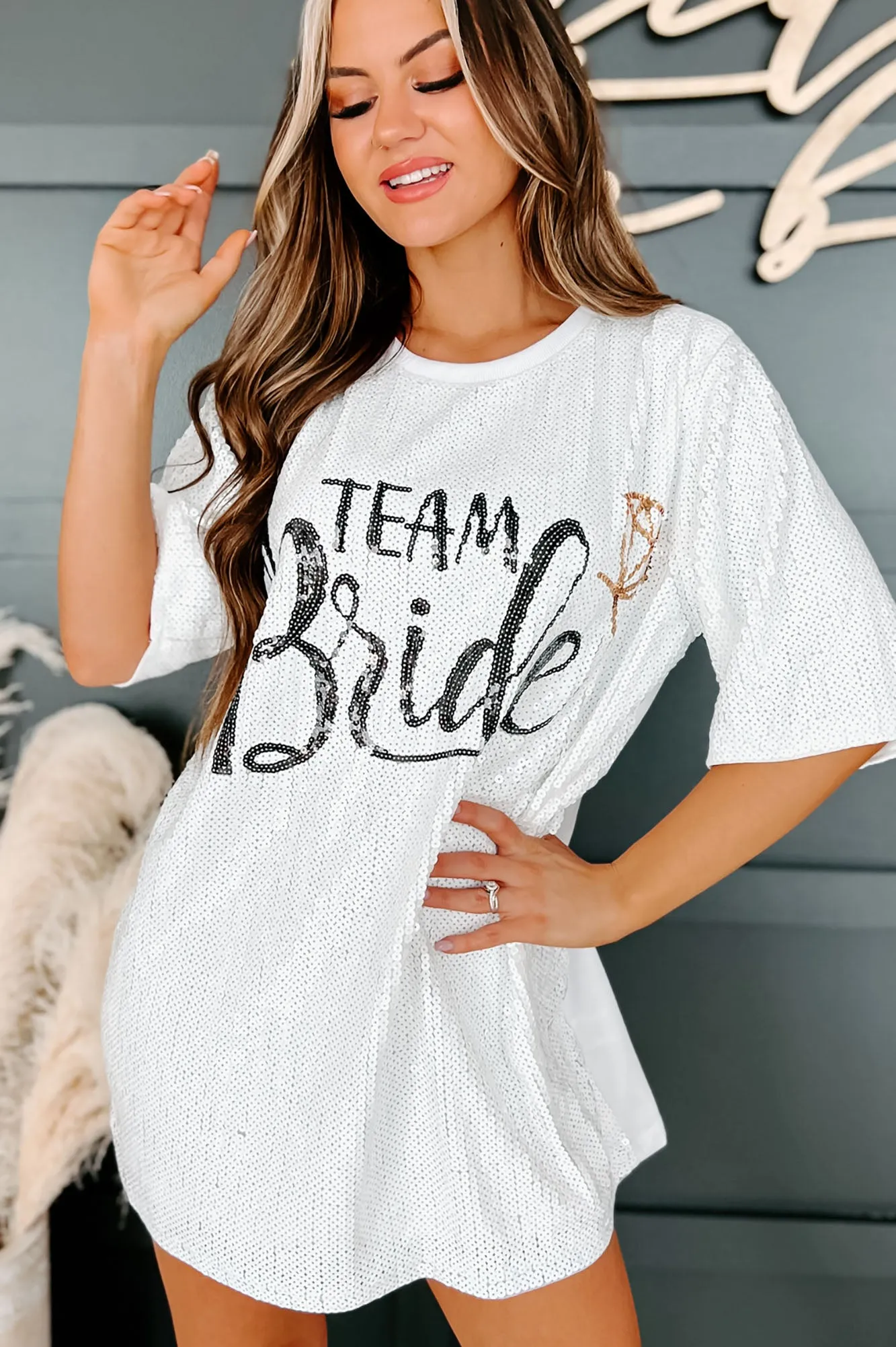 "Team Bride" Sequin T-Shirt Dress (White)