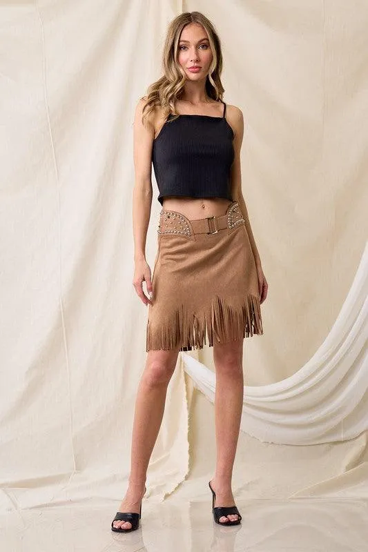 REBECCA THIN SUEDE STUD FRINGE SKIRT