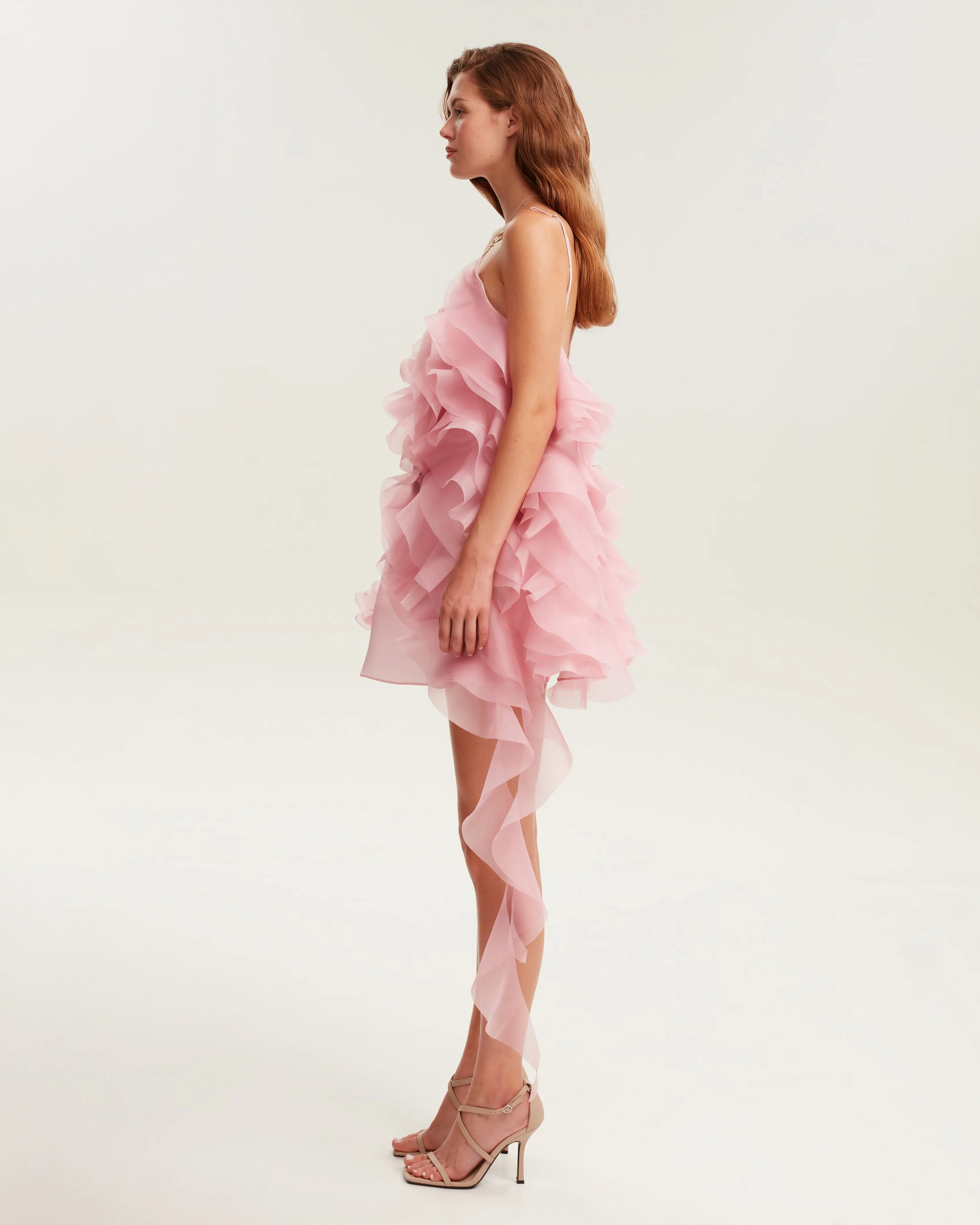 Romantic Pink Ruffled Mini Dress with Rose Appliques - Garden of Eden Collection