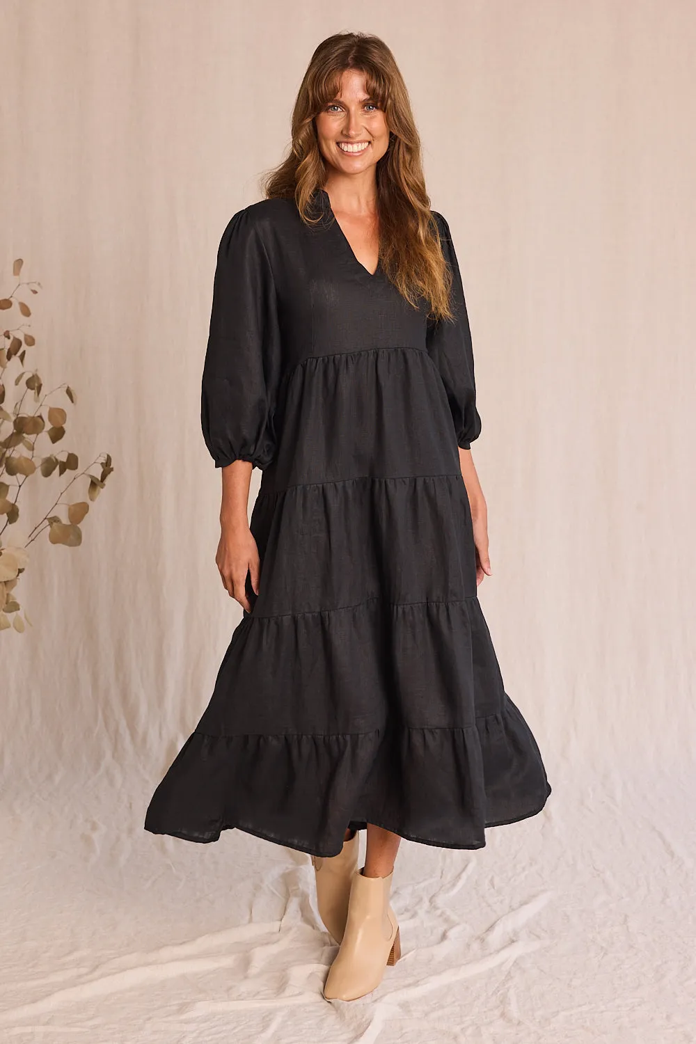 Sabre Linen V-Neck Dress in Black