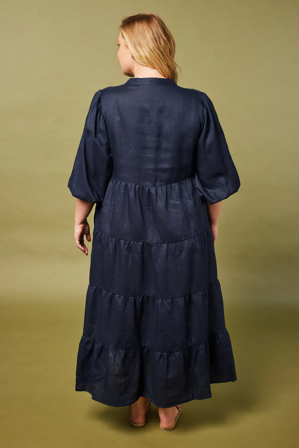 Sabre Linen V-Neck Dress in Navy