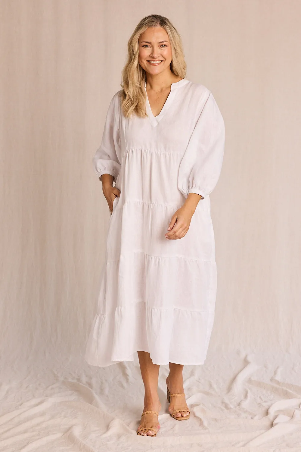 Sabre Linen V-Neck Dress in White