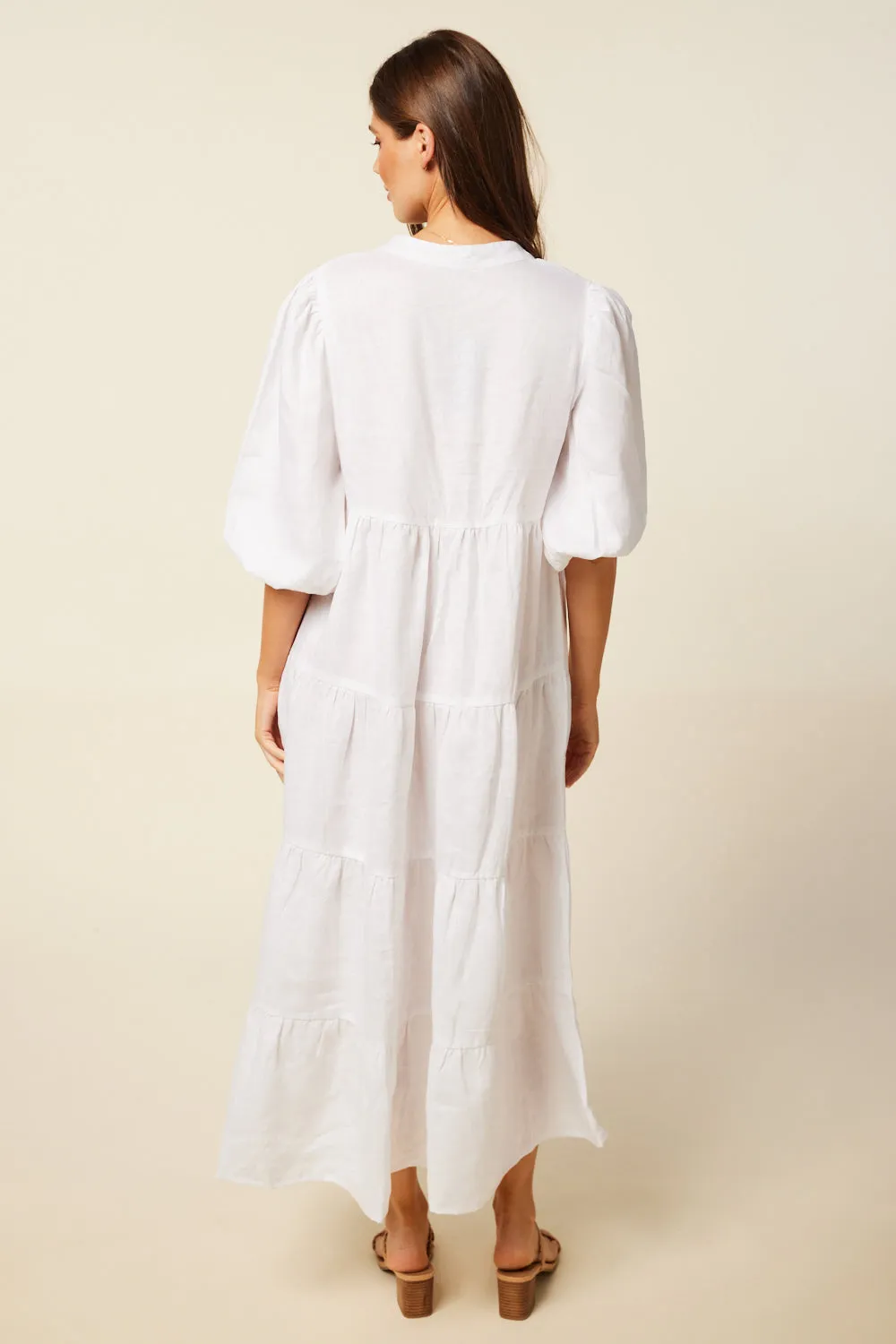 Sabre Linen V-Neck Dress in White