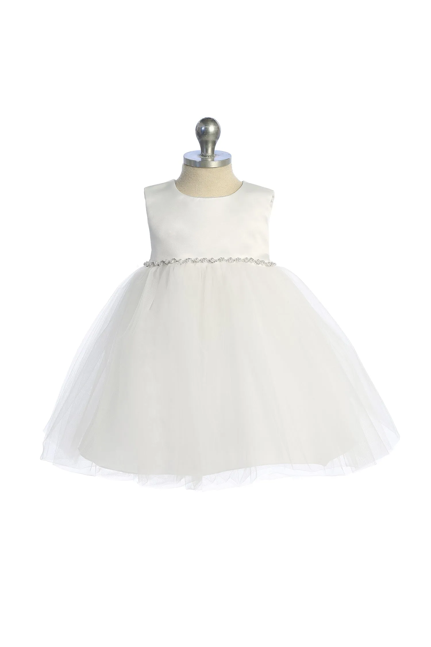 Satin Top Baby Dress with Wavy Rhinestone & Pearl Trim