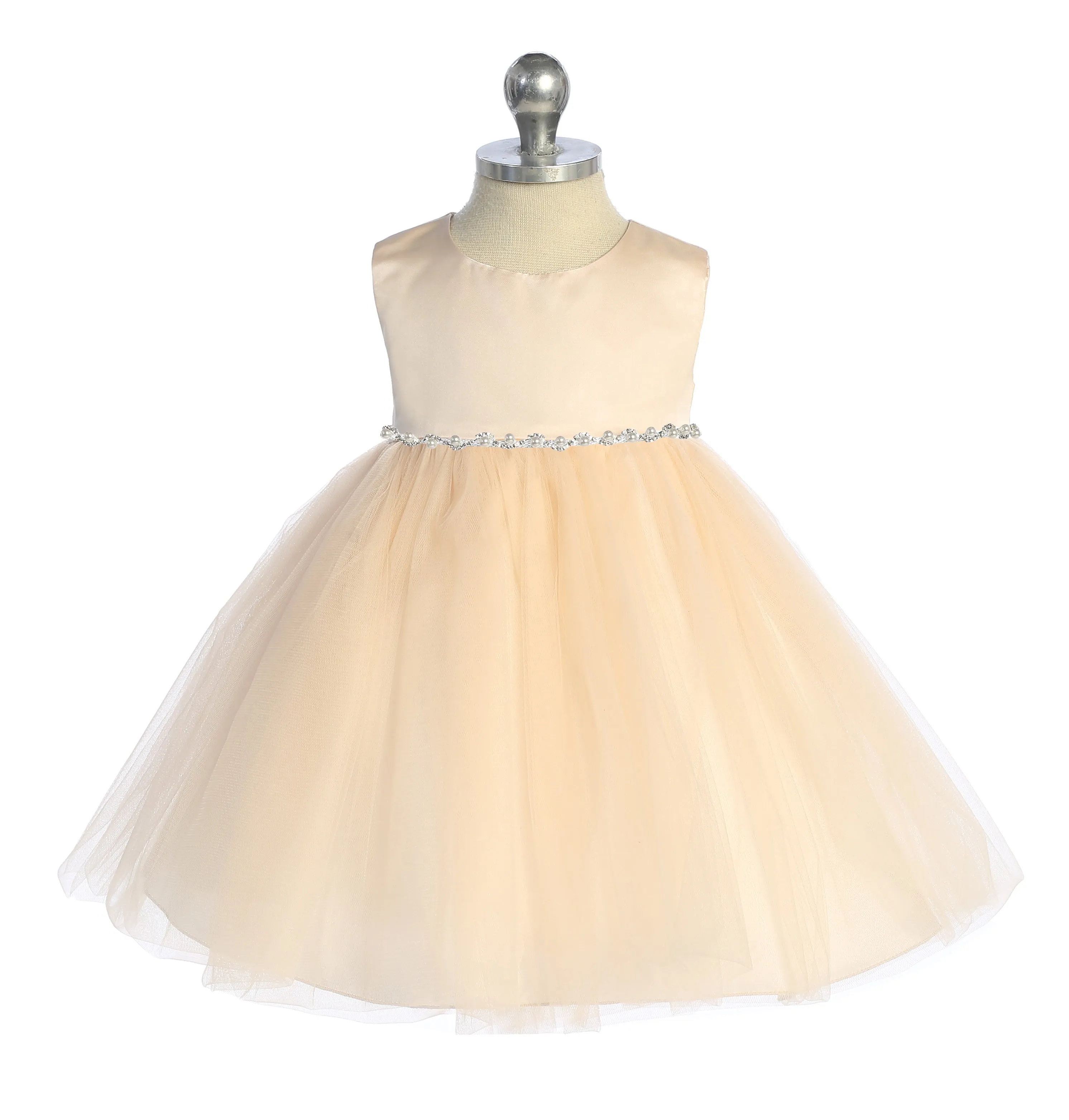 Satin Top Baby Dress with Wavy Rhinestone & Pearl Trim