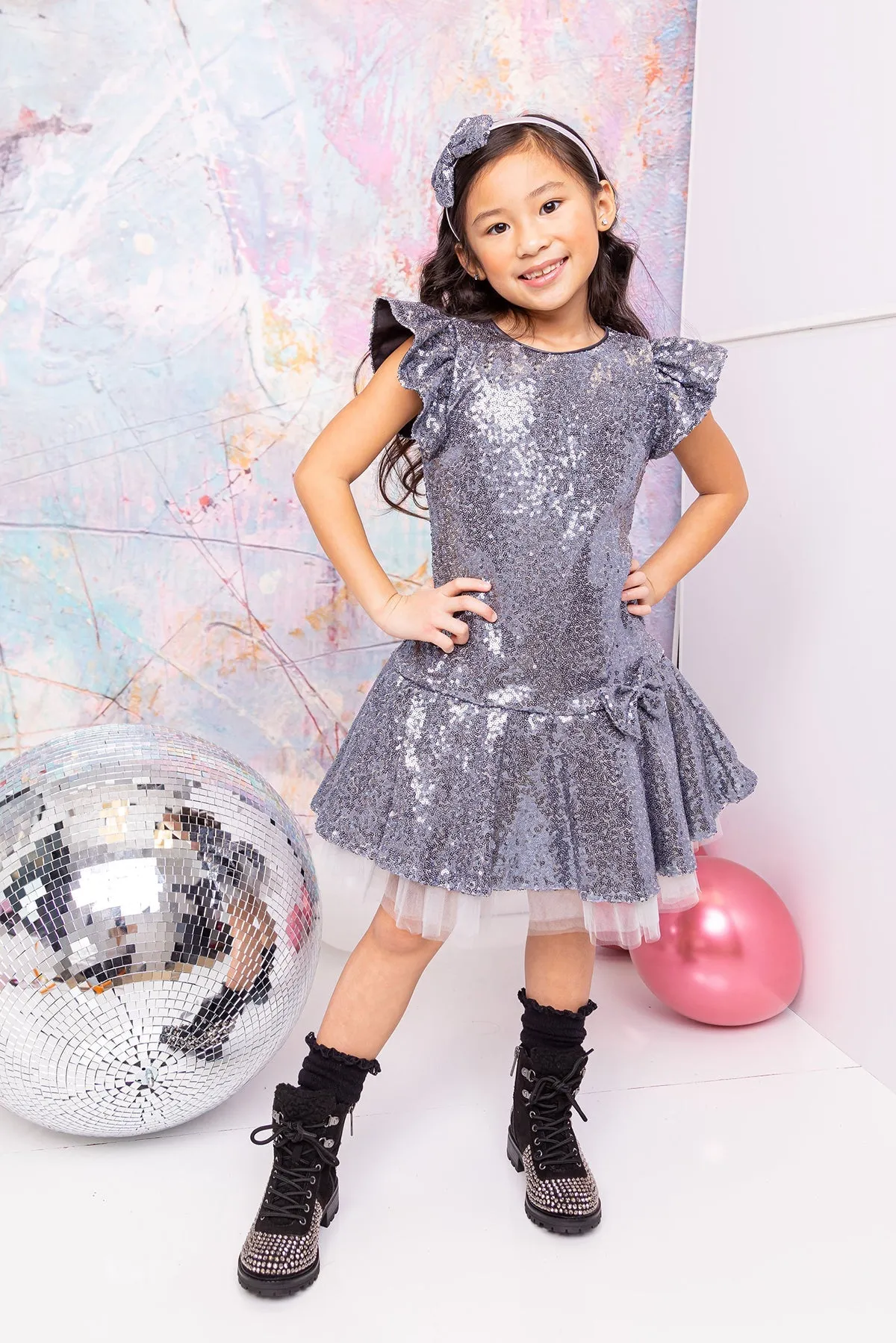 Sequin Ruffle Sleeve Tutu Girls Dress