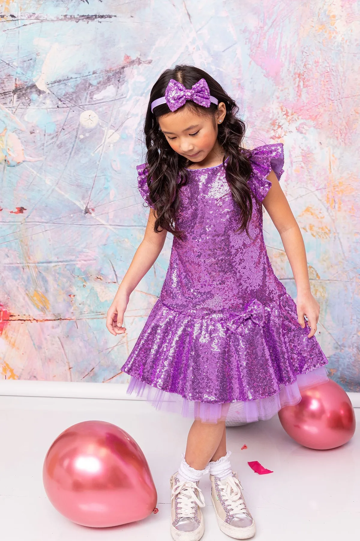 Sequin Ruffle Sleeve Tutu Girls Dress