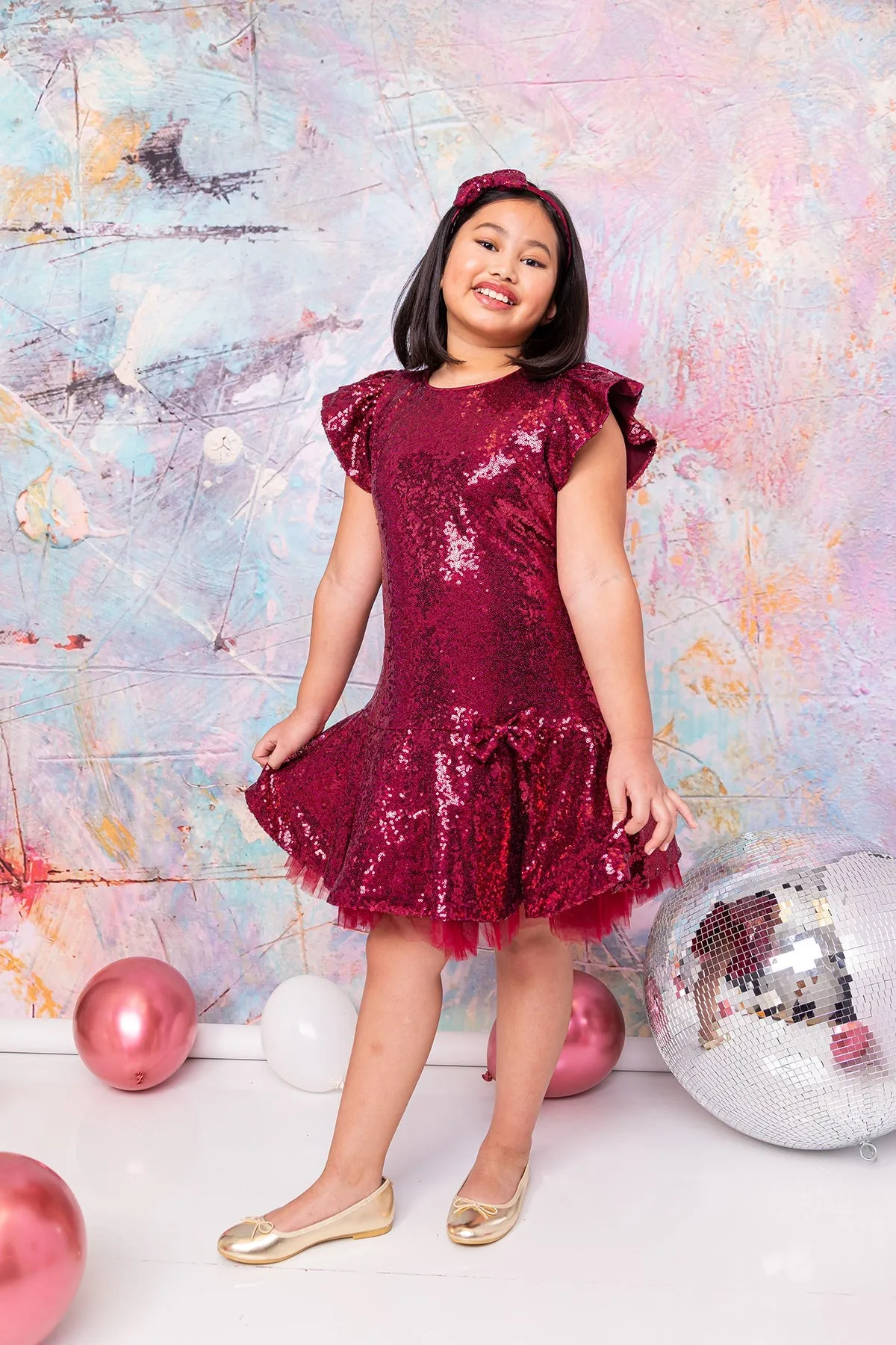 Sequin Ruffle Sleeve Tutu Girls Dress