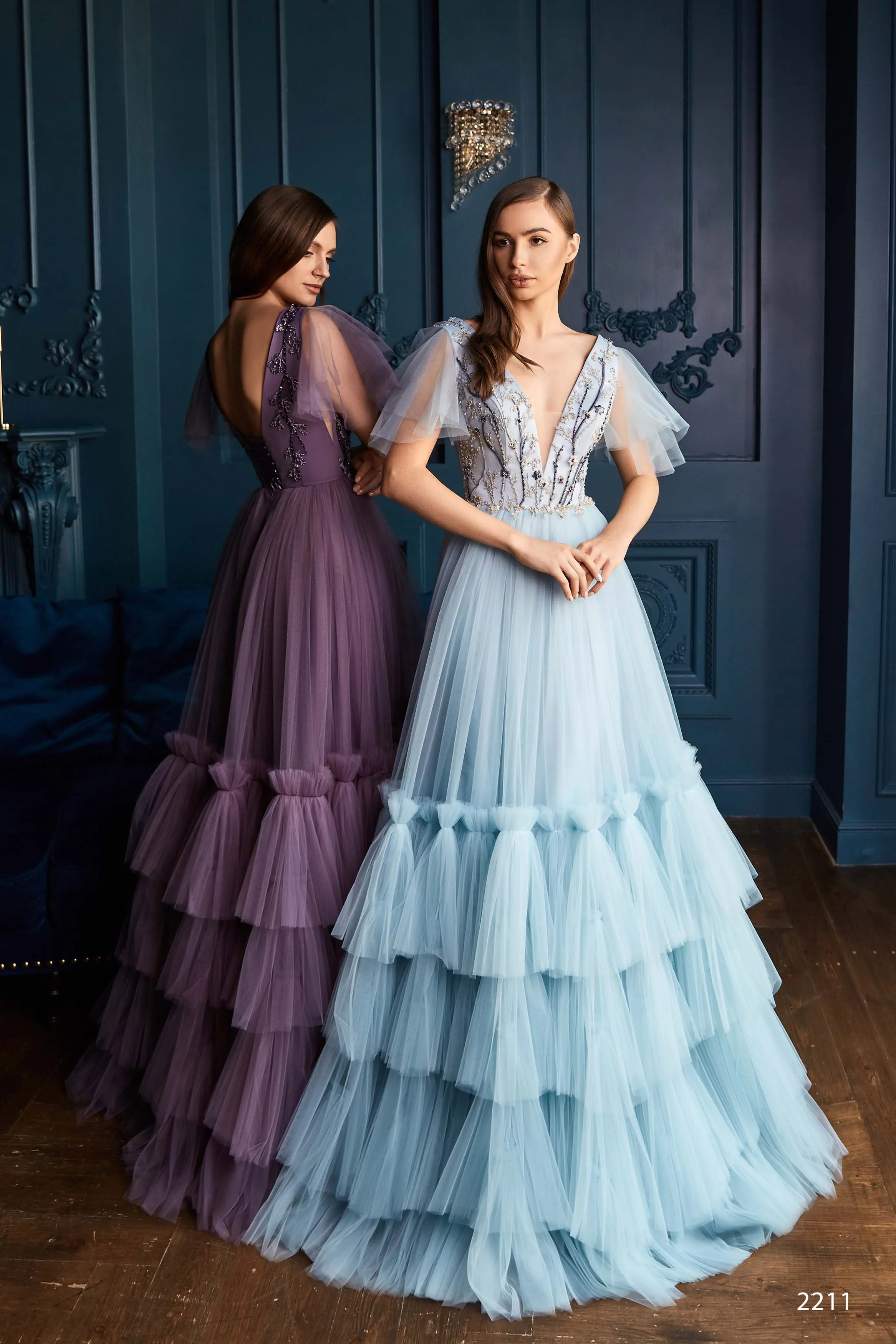 Short Sleeve Tulle Ball Gown with Tiered Ruffle Skirt