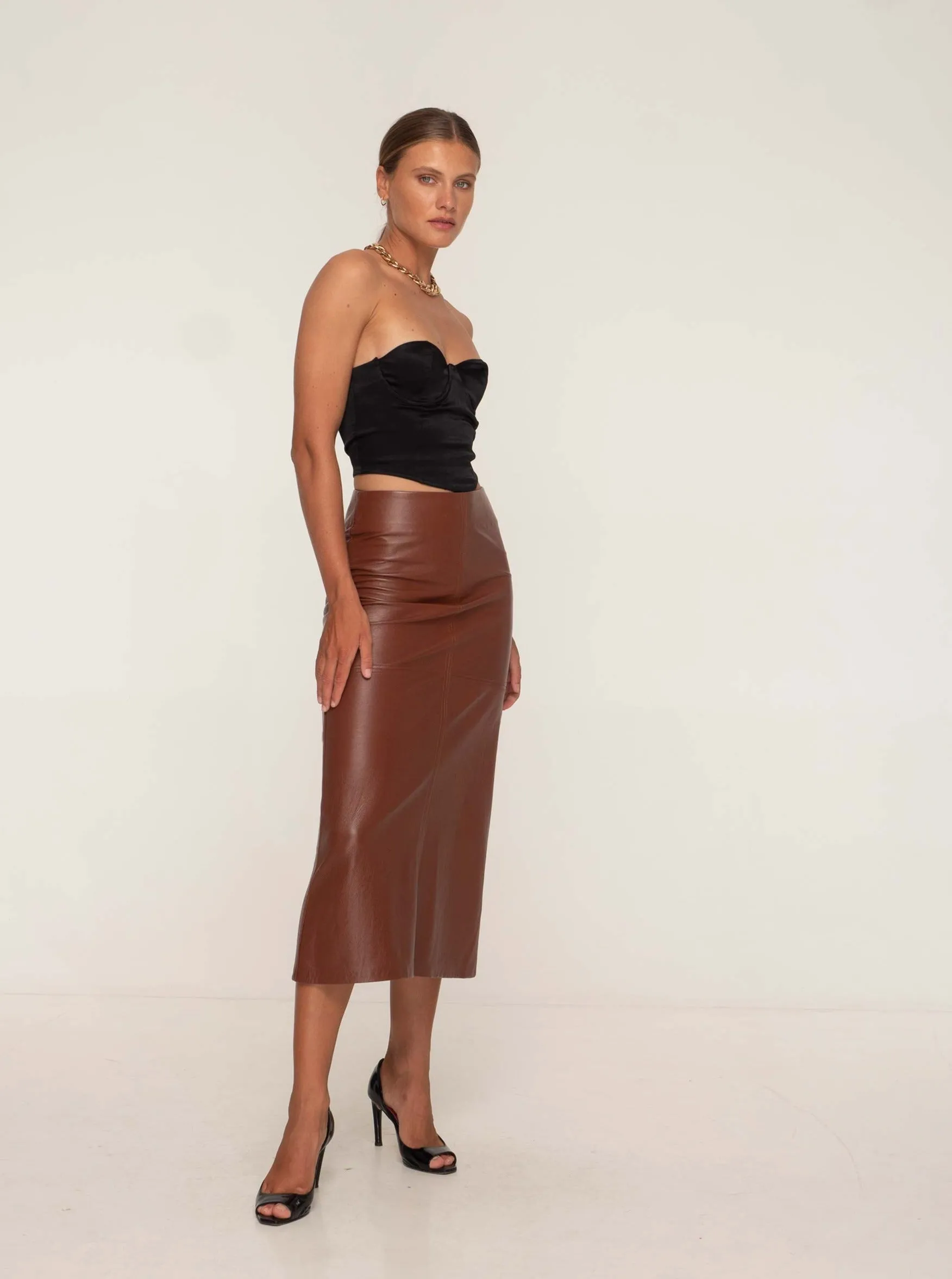 SIENNA LEATHER MAXI SKIRT - WHISKEY