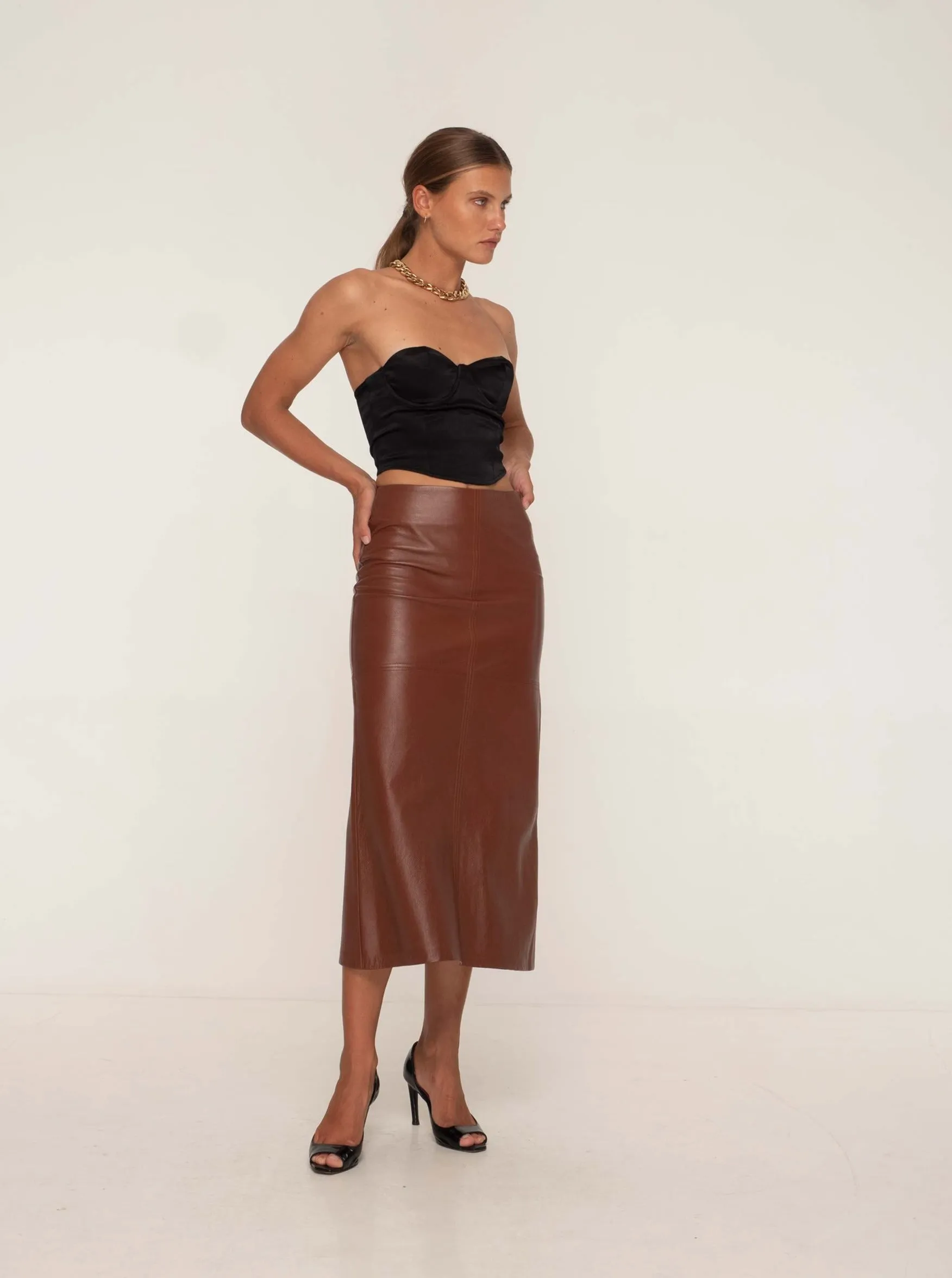 SIENNA LEATHER MAXI SKIRT - WHISKEY