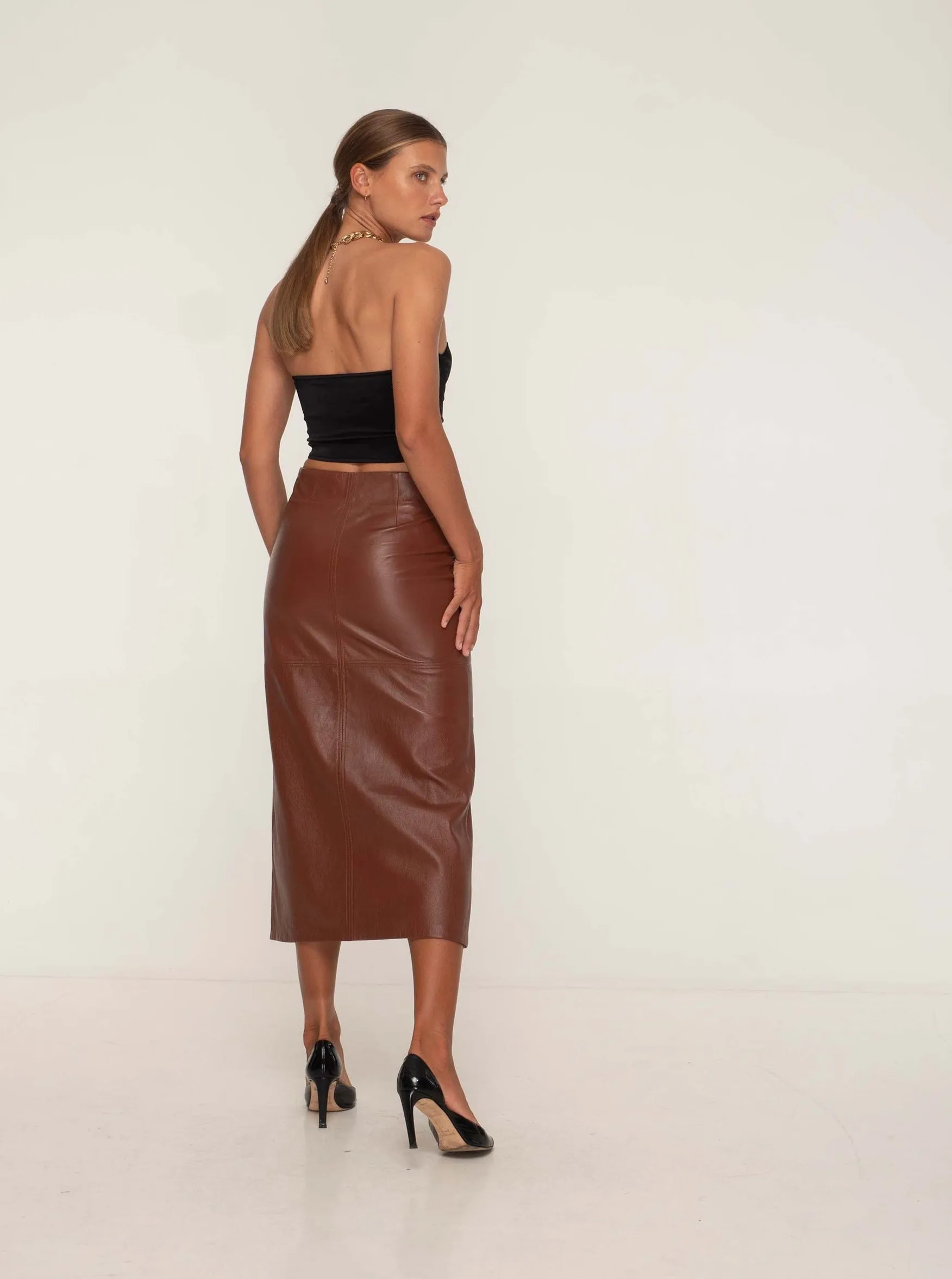 SIENNA LEATHER MAXI SKIRT - WHISKEY