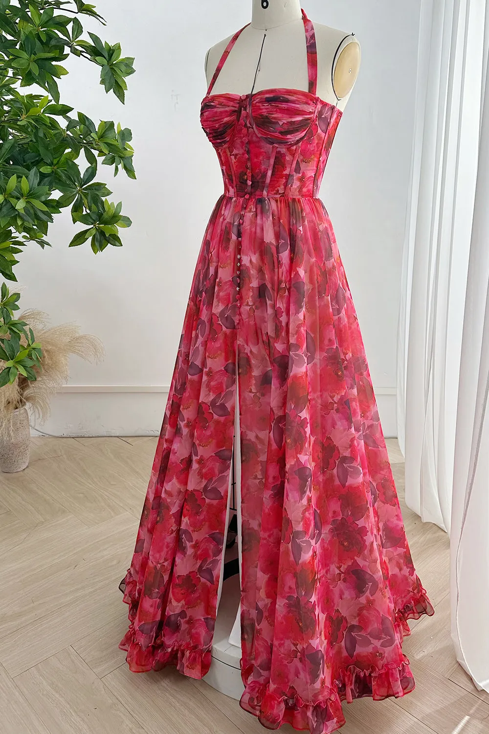 Strapless Corset Floral Print Chiffon Dress with Tie Straps