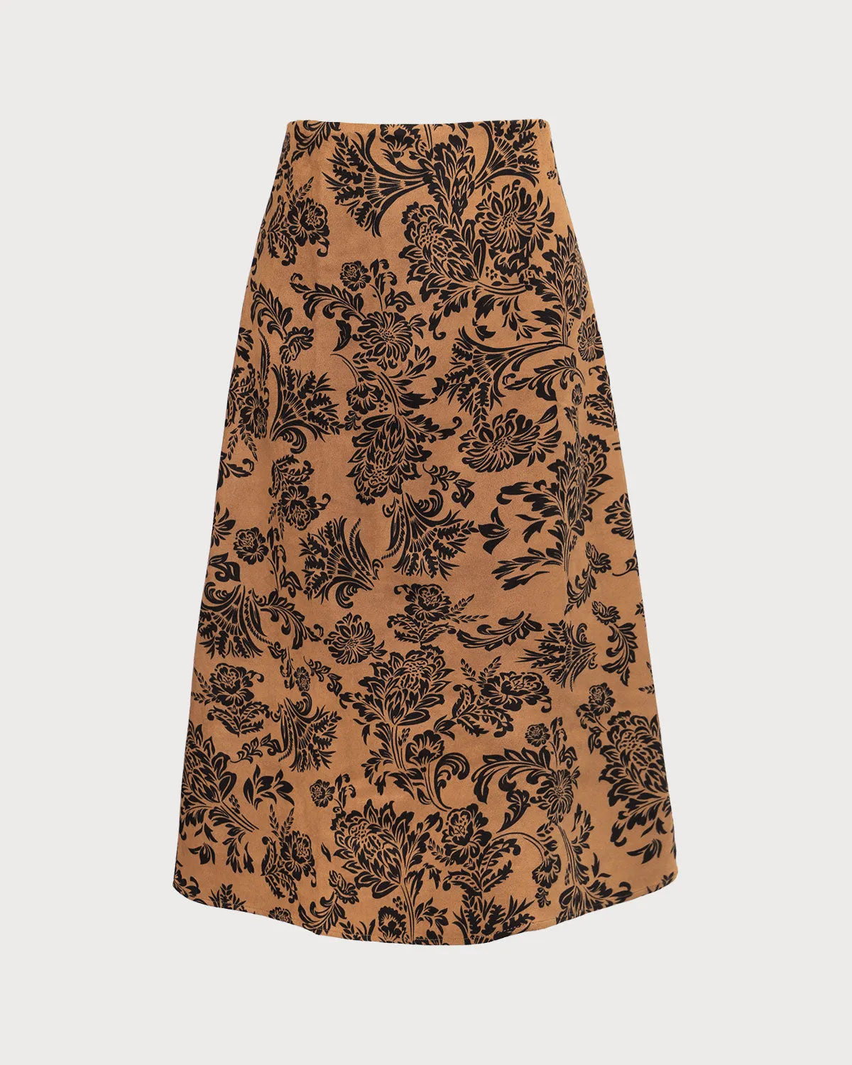 The Brown High Waist Floral Suede Midi Skirt