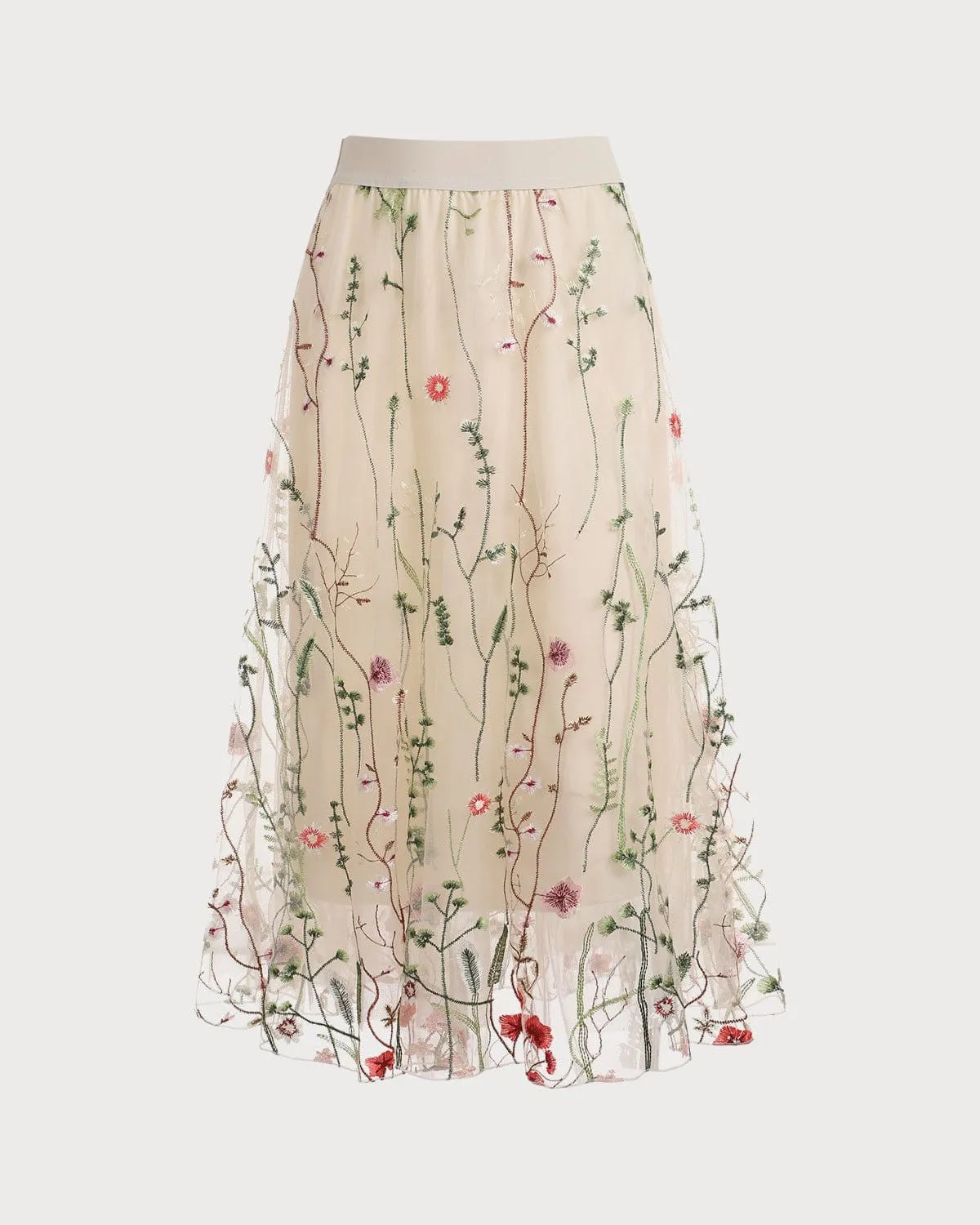 The High Waisted Floral Embroidery A-line Midi Skirt