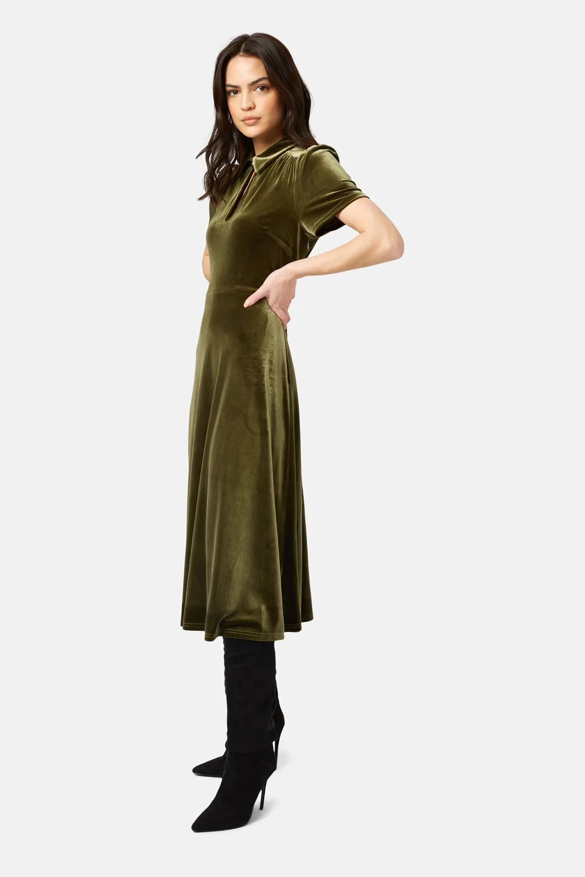 Never Say Goodbye Velvet Midi Dress with Peep Detail by Traffic People - Green