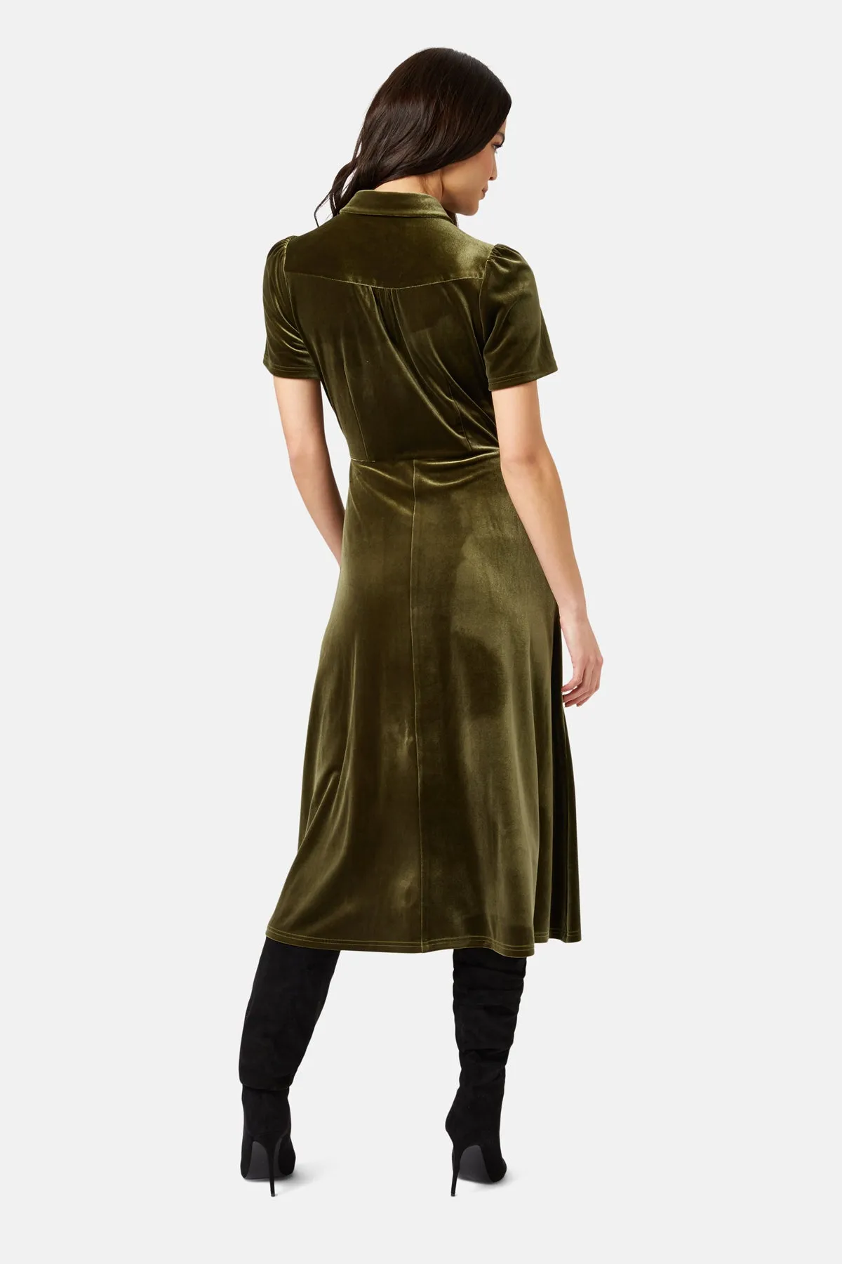 Never Say Goodbye Velvet Midi Dress with Peep Detail by Traffic People - Green