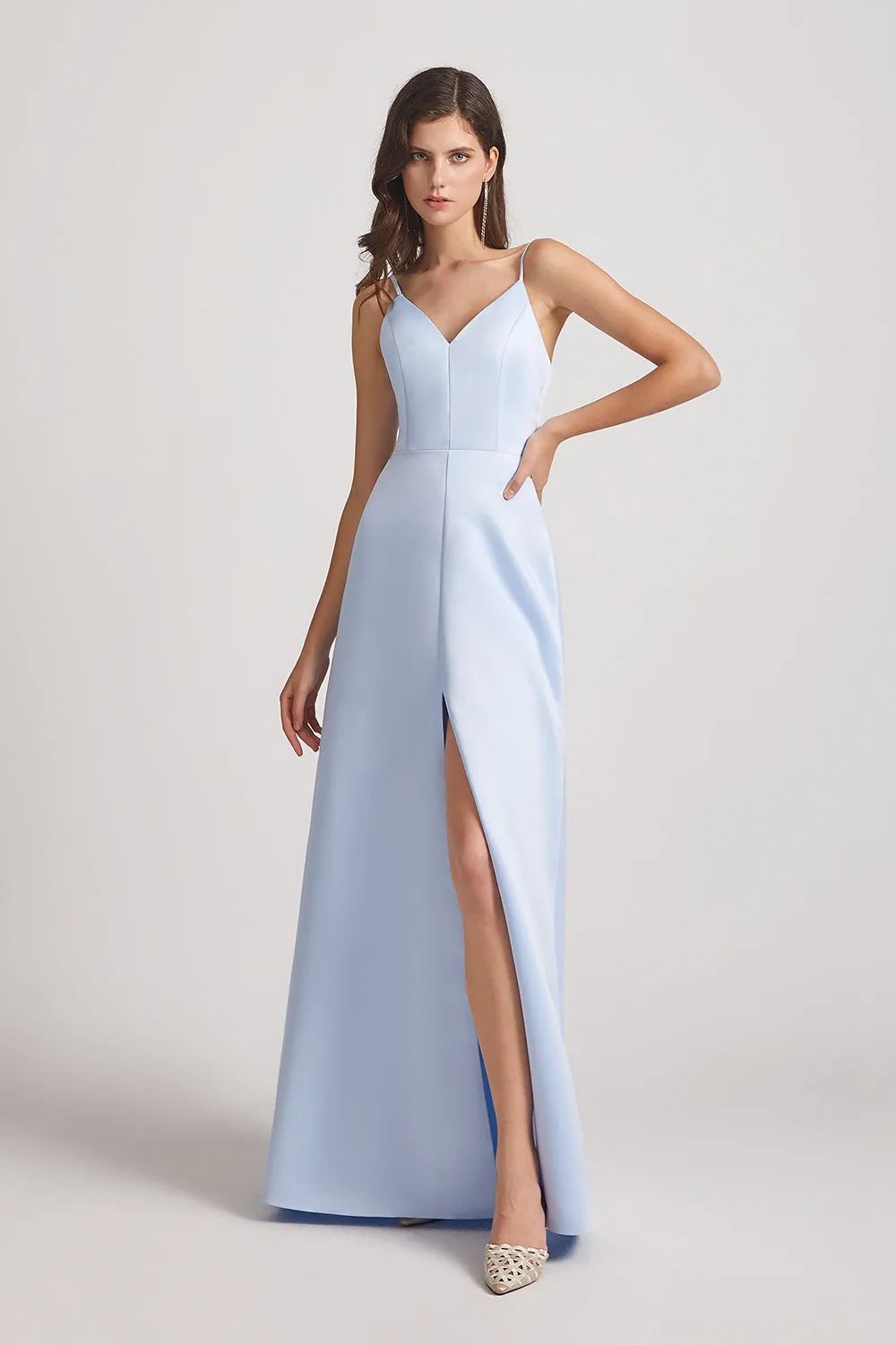 V-Neck Spaghetti Straps Sexy Bridesmaid Dresses with Front Slit (AF0003)