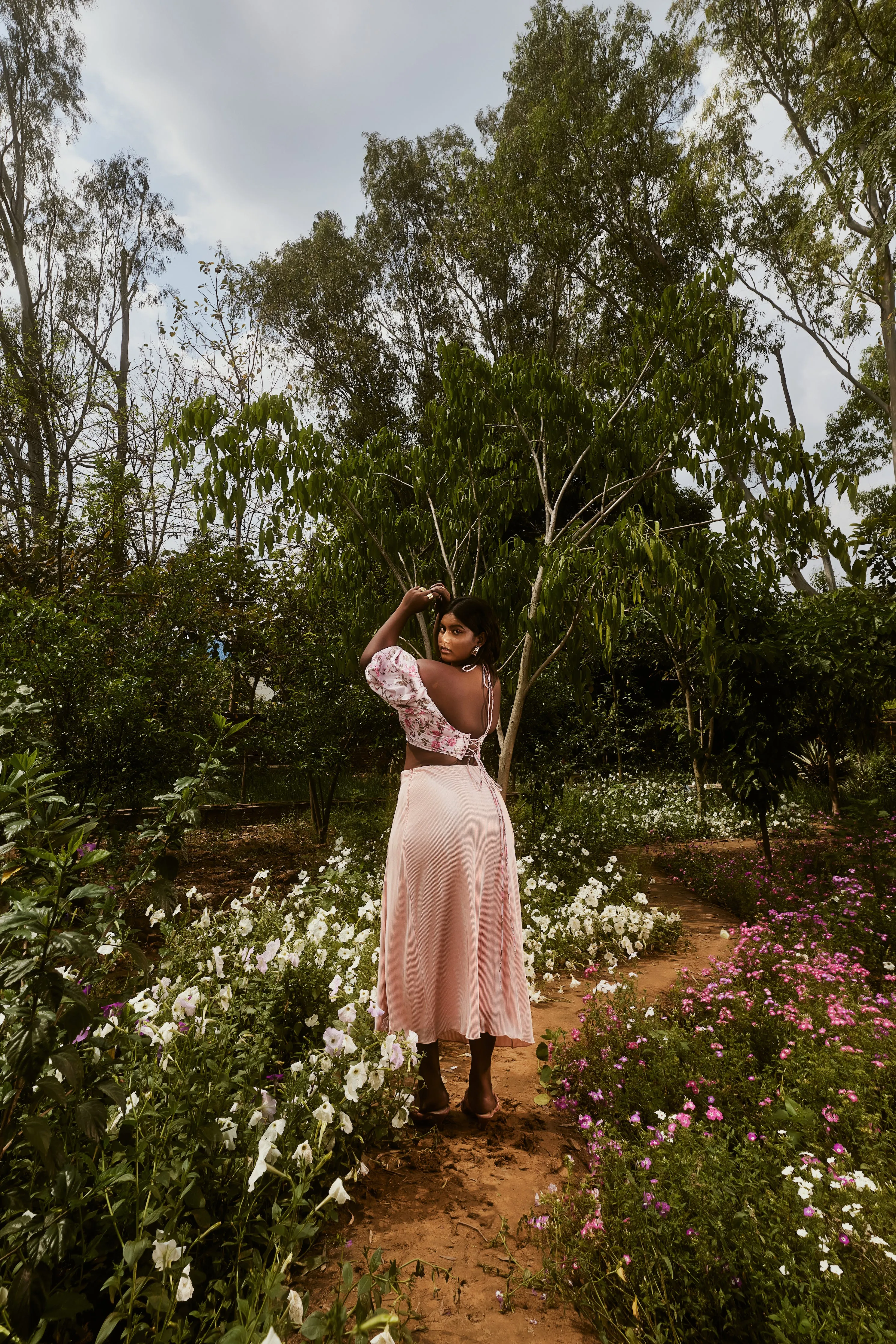 Venetia Peach Floral Top & Pleated Skirt Set