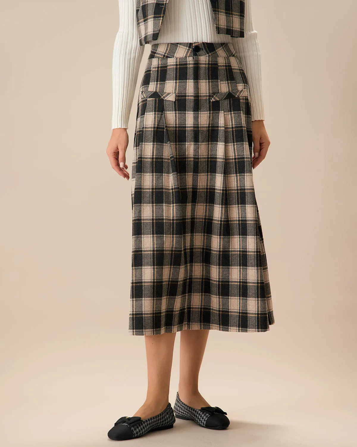 Women's Black Plaid A-line Midi Skirt