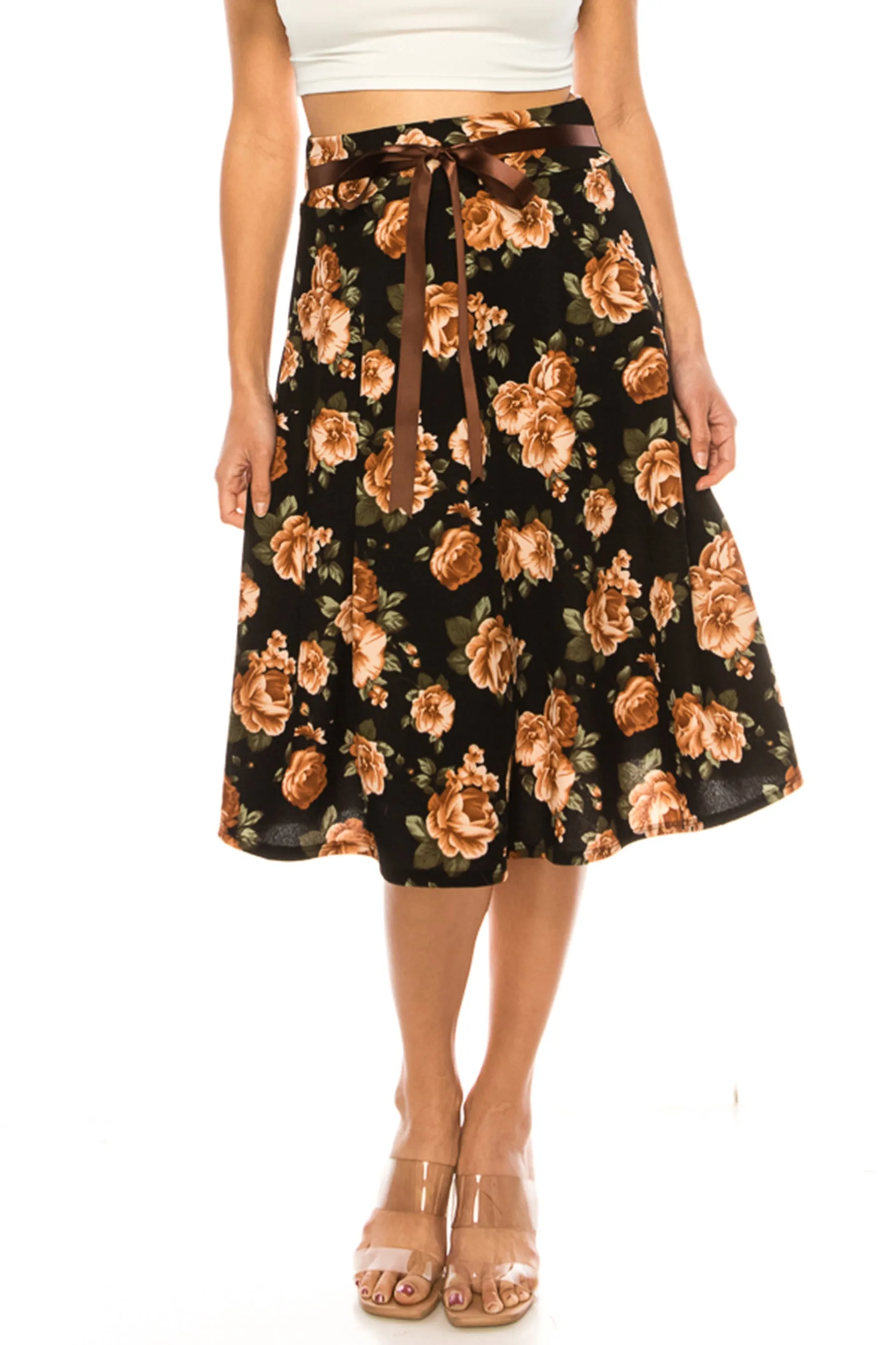 Women's Elegant Solid A-Line Midi Skirt with High Waist and Satin Tie Belt