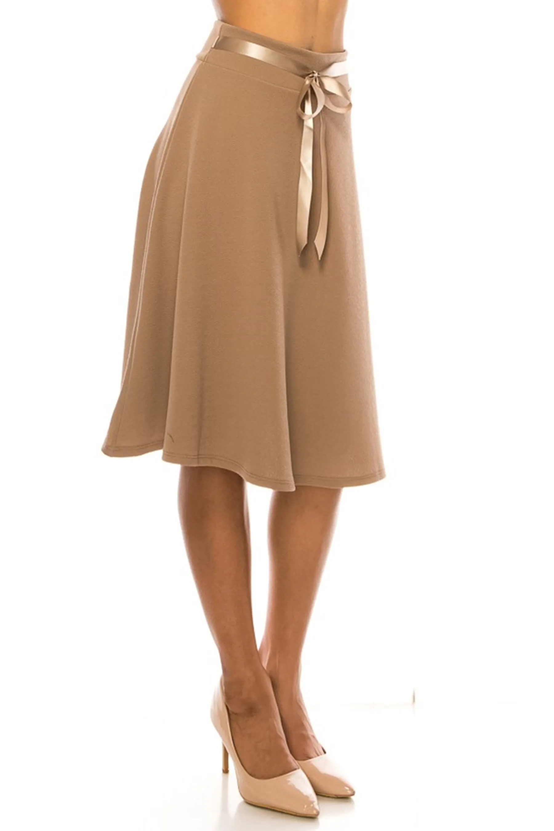 Women's Elegant Solid A-Line Midi Skirt with High Waist and Satin Tie Belt