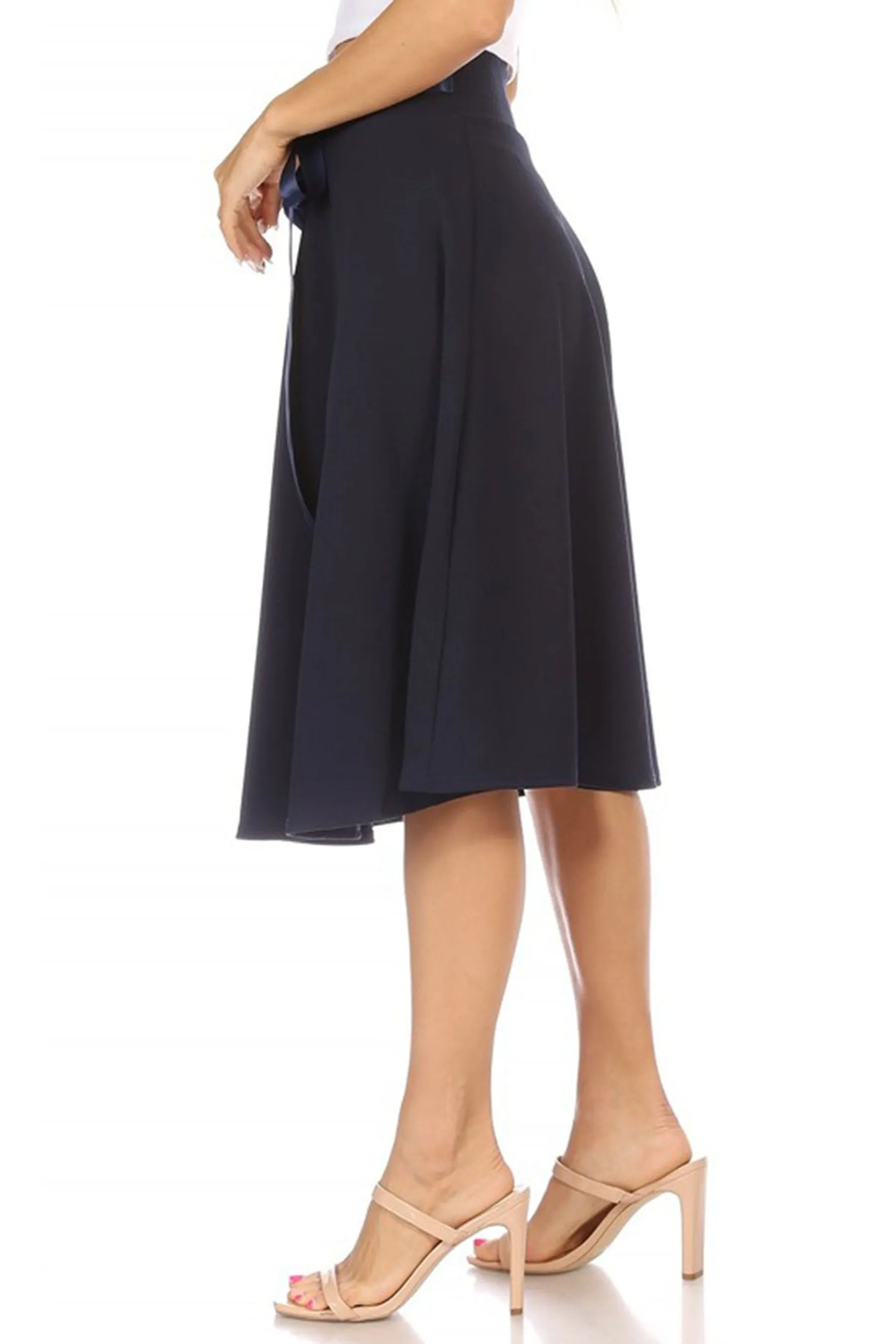 Women's Elegant Solid A-Line Midi Skirt with High Waist and Satin Tie Belt