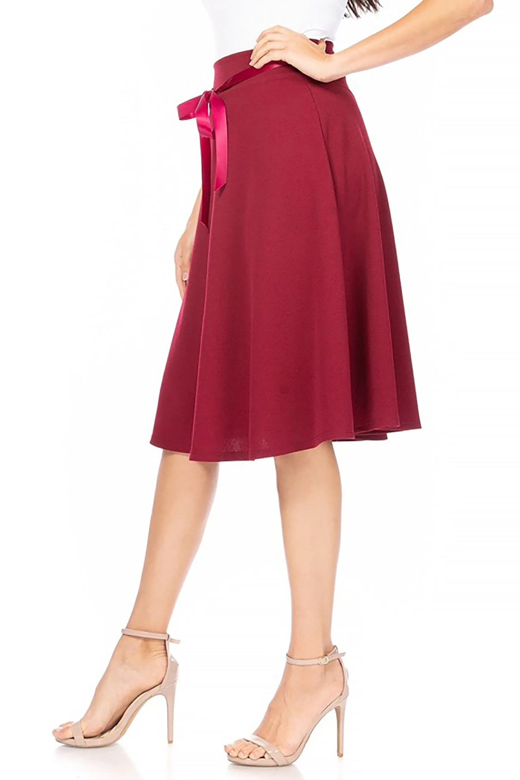 Women's Elegant Solid A-Line Midi Skirt with High Waist and Satin Tie Belt