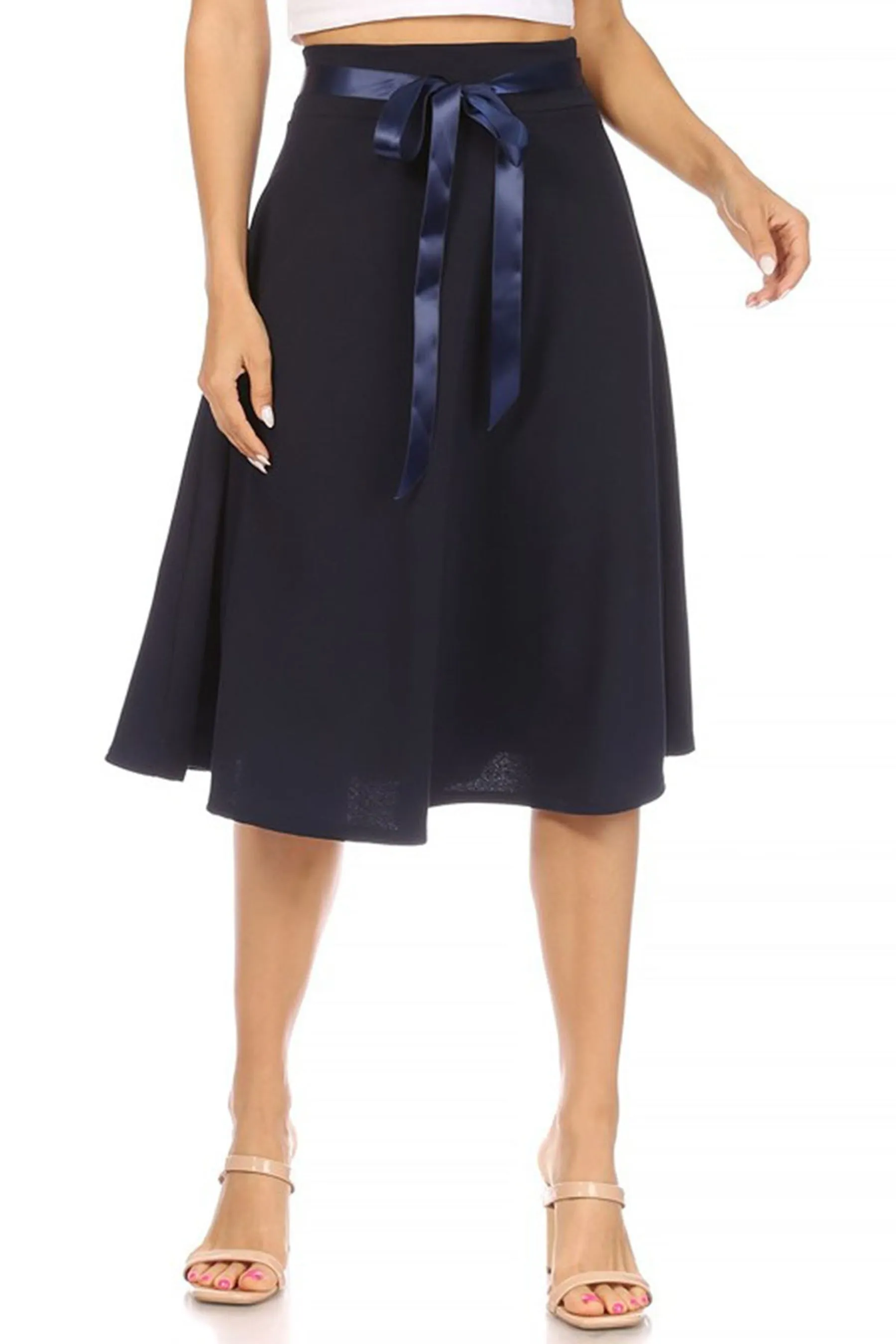 Women's Elegant Solid A-Line Midi Skirt with High Waist and Satin Tie Belt