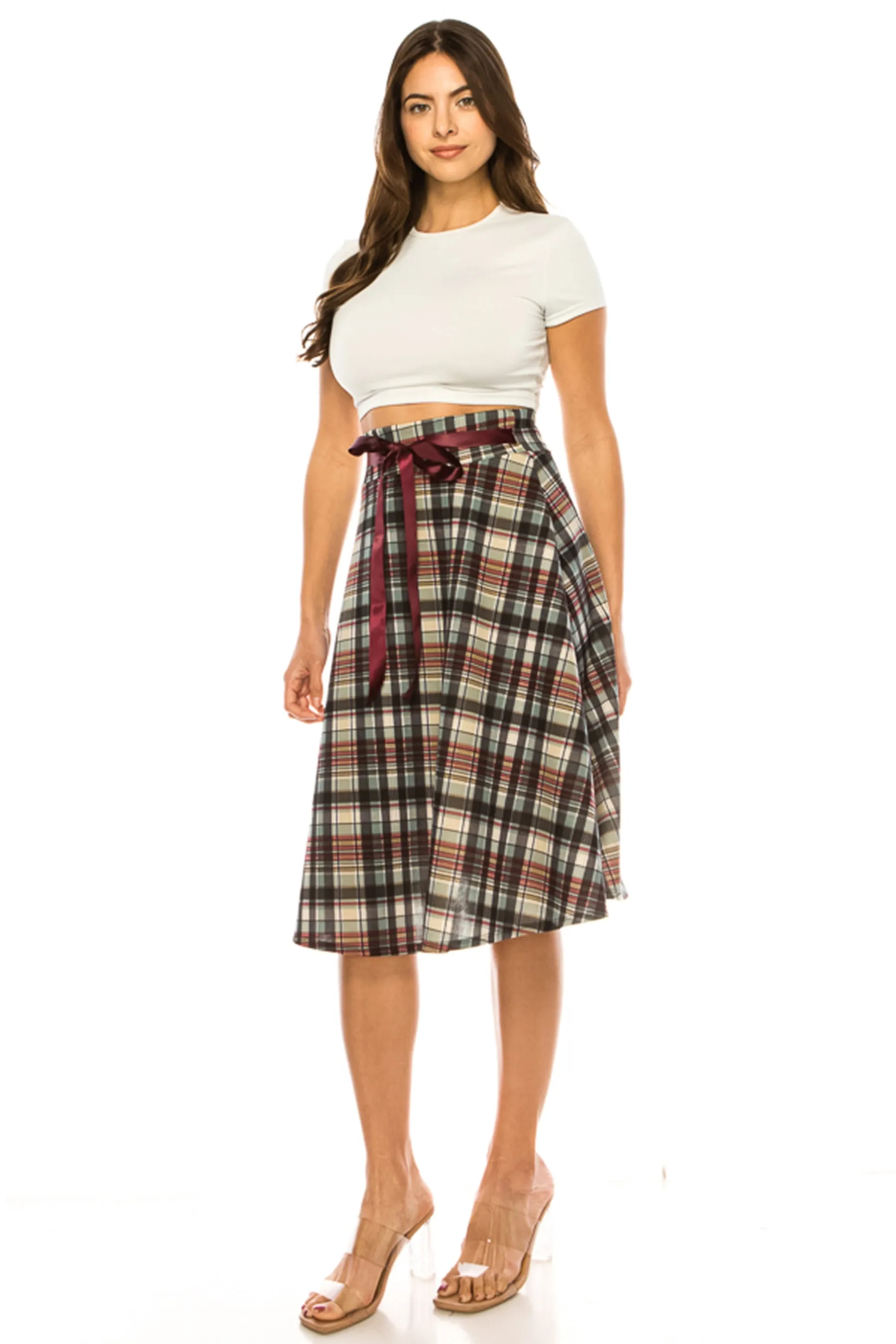 Women's Elegant Solid A-Line Midi Skirt with High Waist and Satin Tie Belt