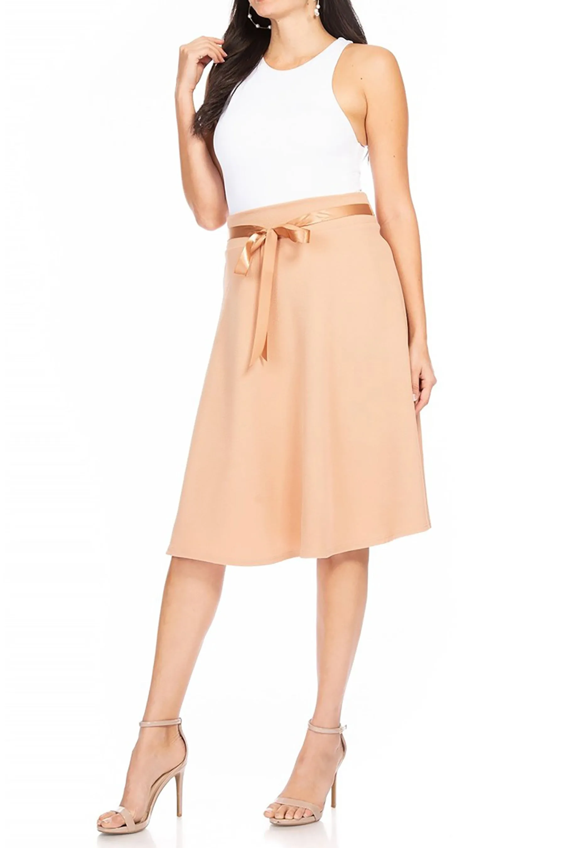 Women's Elegant Solid A-Line Midi Skirt with High Waist and Satin Tie Belt