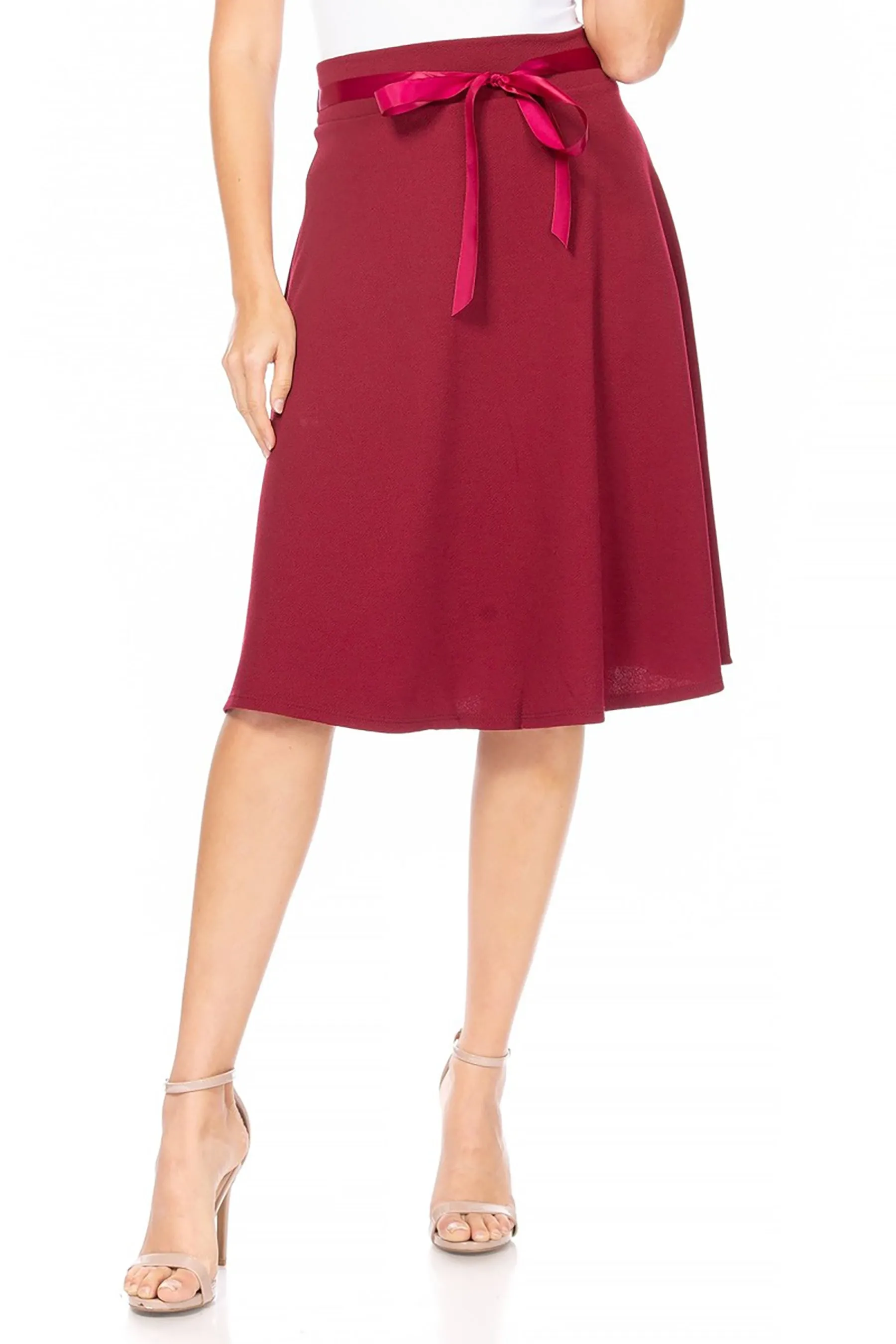 Women's Elegant Solid A-Line Midi Skirt with High Waist and Satin Tie Belt